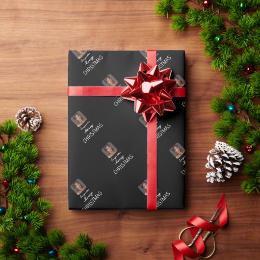 Elegant zwart fotoscript naam vrolijk kerstfeest cadeaupapier (Feestdagen Geschenken)