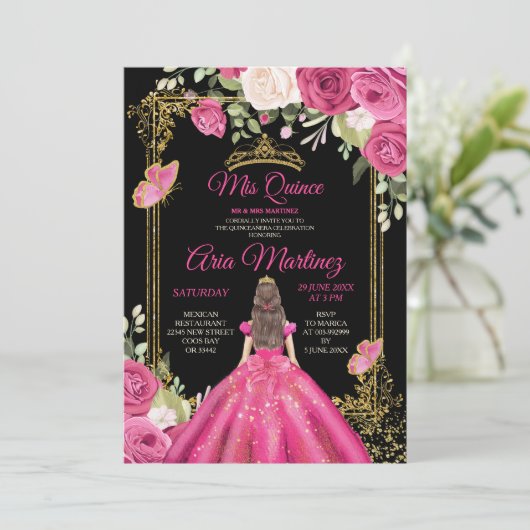 Elegant Zwart Fuchsia Roze Bloemen Mis Quince Kaart (Staand voorkant)