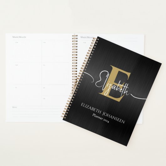 Elegant Zwart Geborsteld Metaal Goud Monogram Dagb Planner (Display)