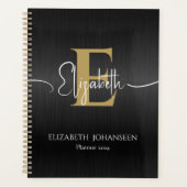 Elegant Zwart Geborsteld Metaal Goud Monogram Dagb Planner (Voorkant)