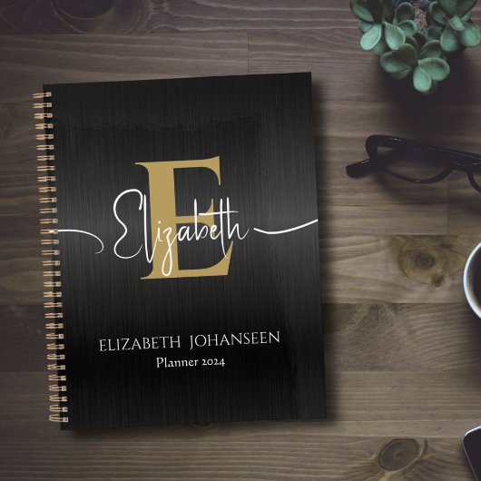 Elegant Zwart Geborsteld Metaal Goud Monogram Dagb Planner