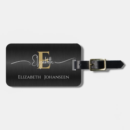 Elegant Zwart Geborsteld Metallic Goud Monogrammed Bagagelabel (Voorkant horizontaal)