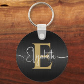 Elegant Zwart Geborsteld Metallic Goud Monogrammed Sleutelhanger (Voorkant)