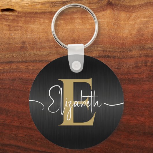 Elegant Zwart Geborsteld Metallic Goud Monogrammed Sleutelhanger (Voorkant)