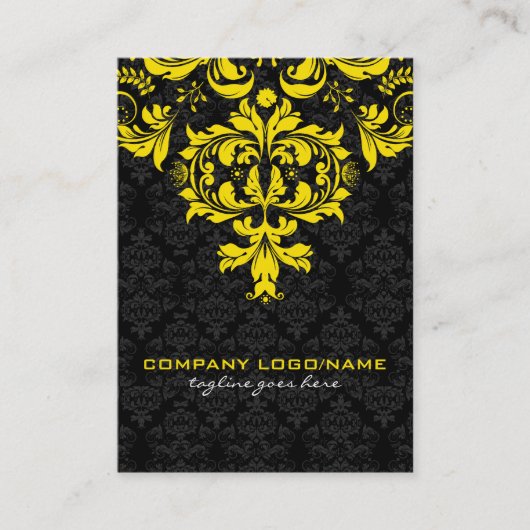 Elegant Zwart & Geel  Bloemen Damasks Visitekaartje (Voorkant)