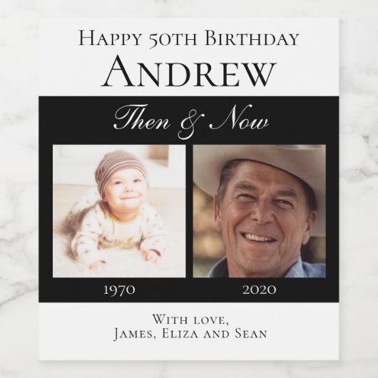 Elegant Zwart Gelukkig Verjaardag Toen en Nu Foto' Wijn Etiket (Enkel label)