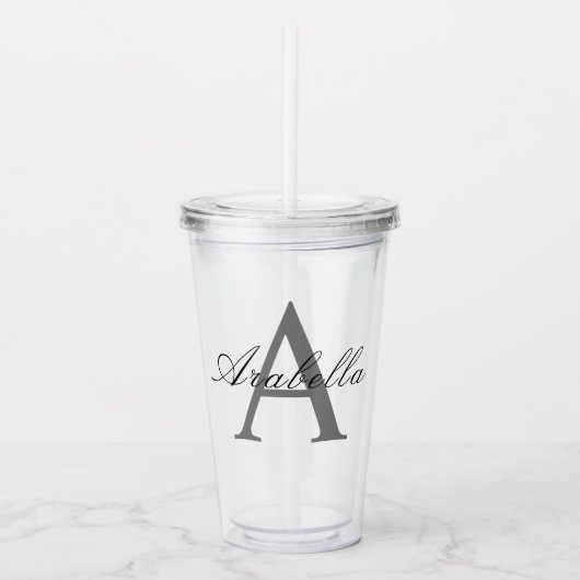 Elegant Zwart Gepersonaliseerd Monogram Naam Acryl Drinkbeker (Voorkant)