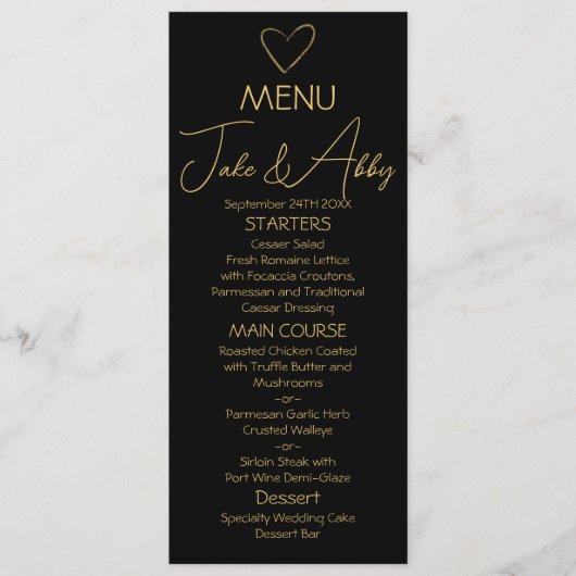 Elegant zwart glanzend liefdeshart bruiloft zwart menu (Voorkant)