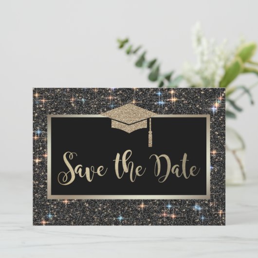 Elegant zwart glitter Afstuderen Save the Date (Staand voorkant)