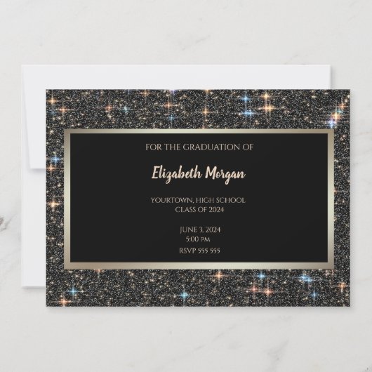 Elegant zwart glitter Afstuderen Save the Date (Achterkant)