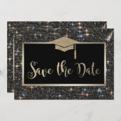 Elegant zwart glitter Afstuderen Save the Date (Voorkant / Achterkant)