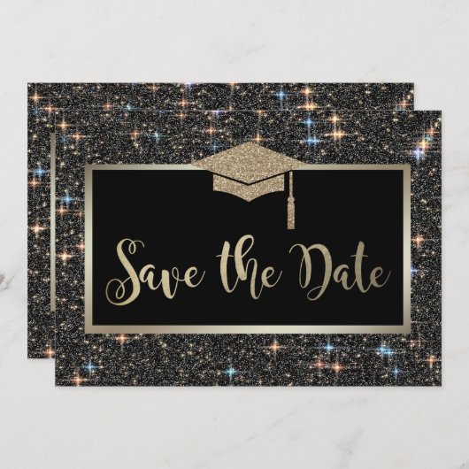 Elegant zwart glitter Afstuderen Save the Date (Voorkant / Achterkant)