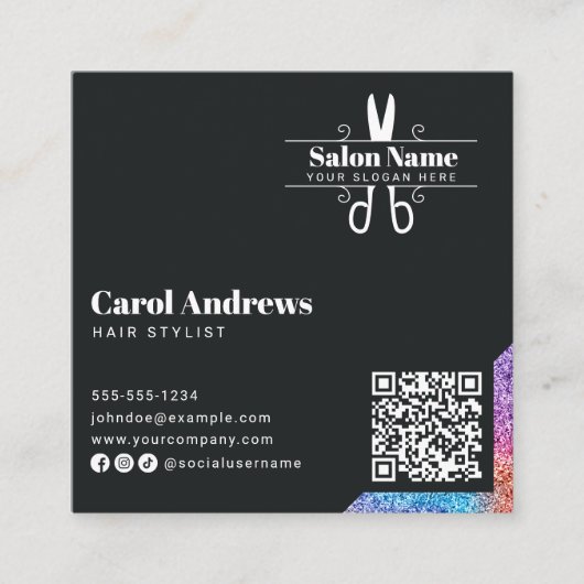Elegant Zwart & Glitter Hair Stylist QR Code Logo Vierkante Visitekaartje (Voorkant)