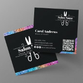 Elegant Zwart & Glitter Hair Stylist QR Code Logo Vierkante Visitekaartje