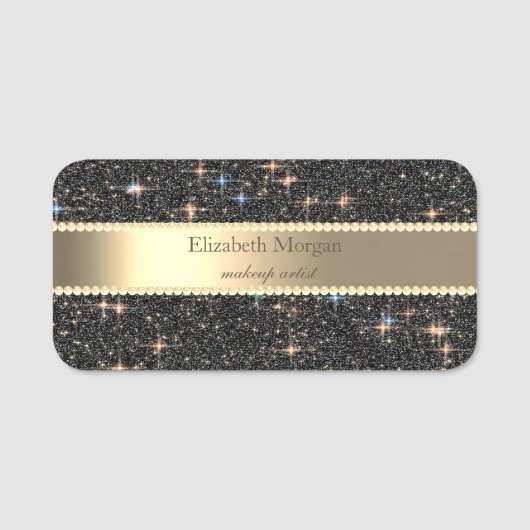 Elegant Zwart Glitter Sparkle Stripe Parels Naamplaatje (Voorkant)