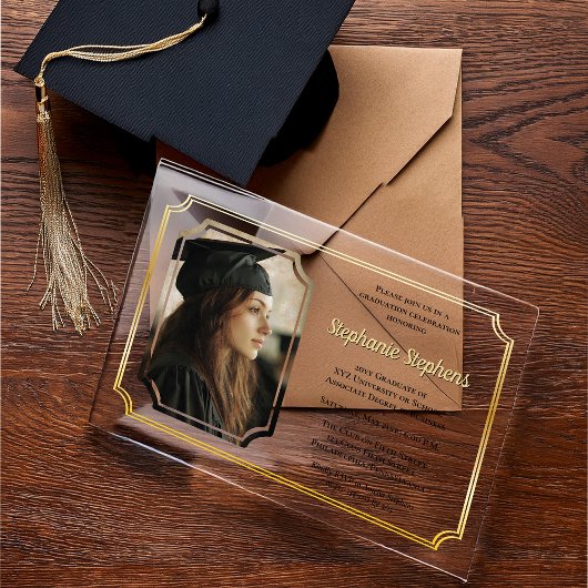 Elegant zwart | Gold College Univ Graduation Party Acryl Uitnodigingen
