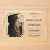 Elegant zwart | Gold College Univ Graduation Party Acryl Uitnodigingen (Voorkant)