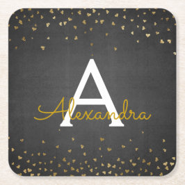 Elegant zwart - Gold Foil Confetti Monogram Kartonnen Onderzetters