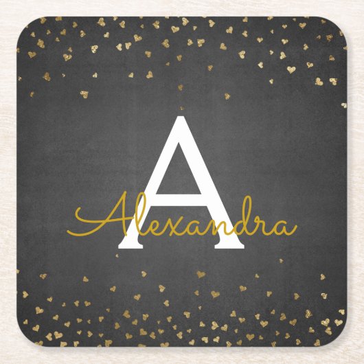Elegant zwart - Gold Foil Confetti Monogram Kartonnen Onderzetters (Voorkant)