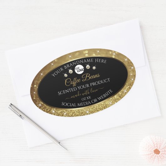 Elegant zwart Gold Glitter-etiket met Logo Ovale Sticker (Envelop)
