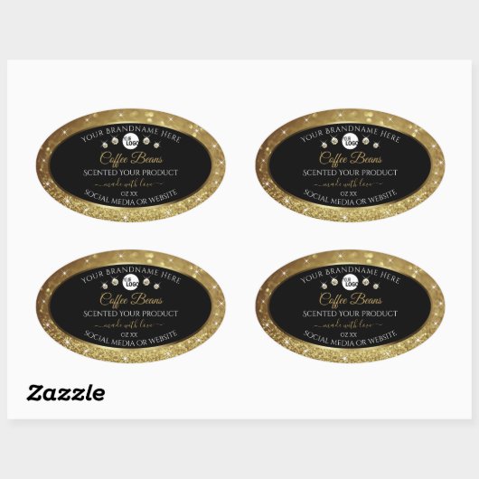 Elegant zwart Gold Glitter-etiket met Logo Ovale Sticker (Vel)