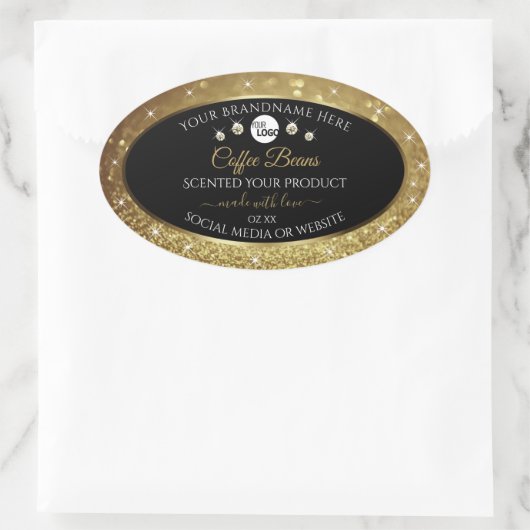 Elegant zwart Gold Glitter-etiket met Logo Ovale Sticker (Tas)