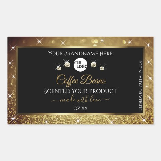 Elegant zwart Gold Glitter-etiket met Logo Rechthoekige Sticker (Voorkant)