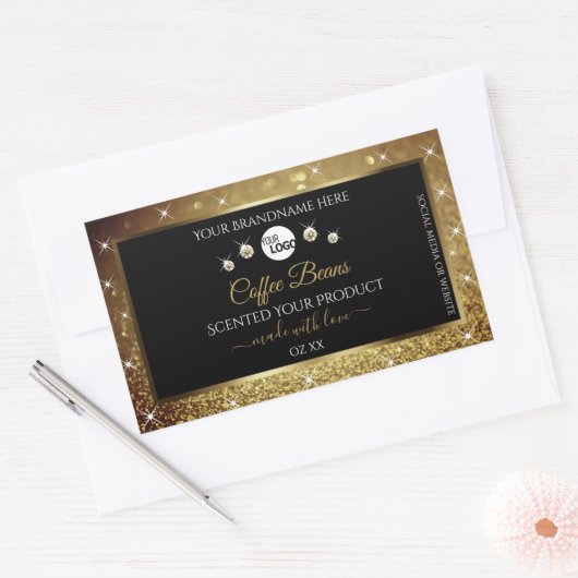 Elegant zwart Gold Glitter-etiket met Logo Rechthoekige Sticker (Envelop)