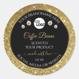Elegant zwart Gold Glitter-etiket met Logo Ronde Sticker