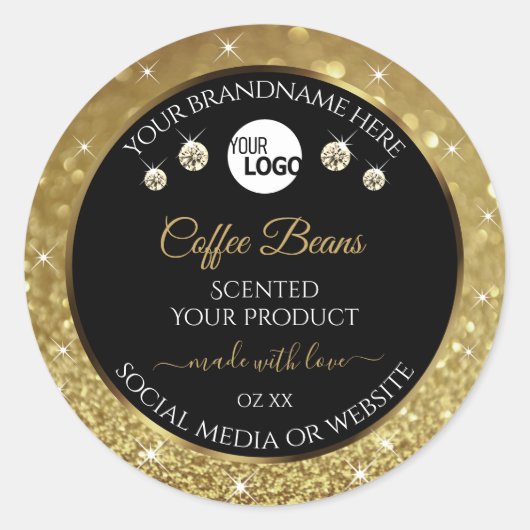 Elegant zwart Gold Glitter-etiket met Logo Ronde Sticker (Voorkant)