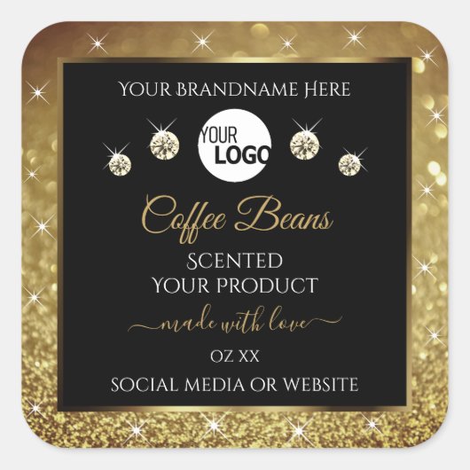 Elegant zwart Gold Glitter-etiket met Logo Vierkante Sticker (Voorkant)