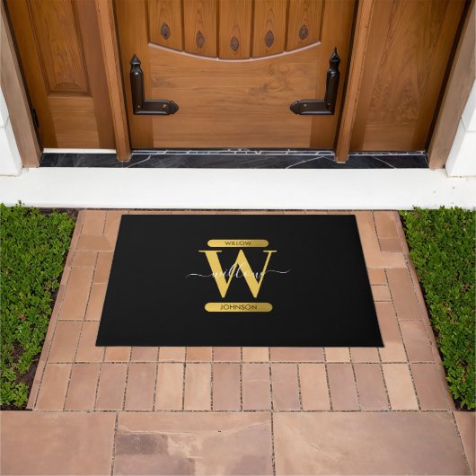 Elegant zwart & Gold Monogram modern script Deurmat (Buiten)