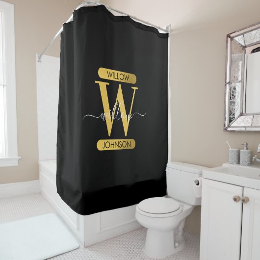 Elegant zwart & Gold Monogram modern script Douchegordijn (In situ)