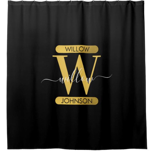 Elegant zwart & Gold Monogram modern script Douchegordijn (Voorkant)