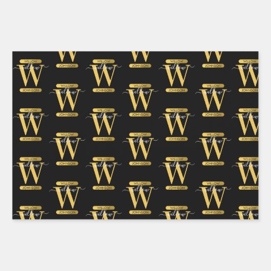Elegant zwart & Gold Monogram modern script Inpakpapier Vel (Voorkant 2)