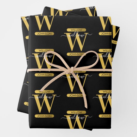 Elegant zwart & Gold Monogram modern script Inpakpapier Vel (In situ)