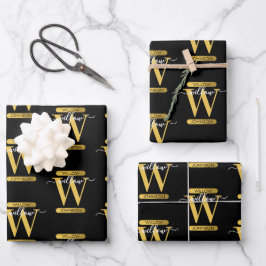 Elegant zwart & Gold Monogram modern script Inpakpapier Vel