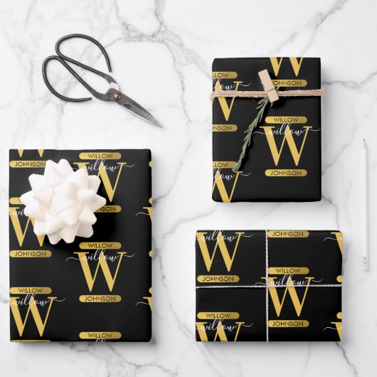 Elegant zwart & Gold Monogram modern script Inpakpapier Vel (Voorkant)