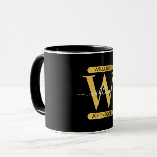 Elegant zwart & Gold Monogram modern script Mok