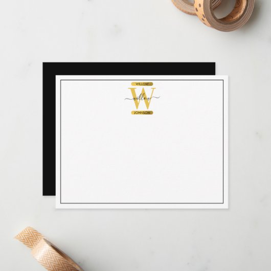 Elegant zwart & Gold Monogram modern script Notitiekaartje (Voorkant / Achterkant in situ)