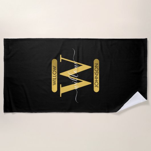 Elegant zwart & Gold Monogram modern script Strandlaken (Voorkant)