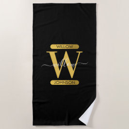 Elegant zwart & Gold Monogram modern script Strandlaken