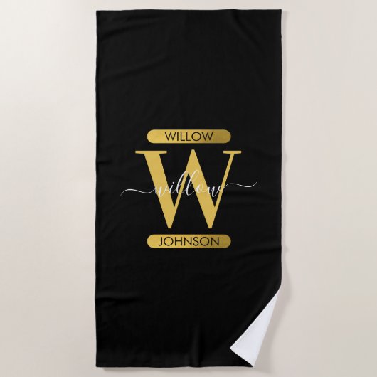 Elegant zwart & Gold Monogram modern script Strandlaken (Voorkant)