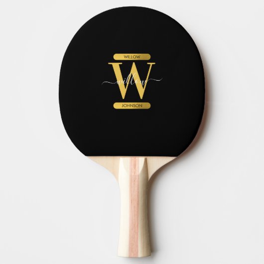 Elegant zwart & Gold Monogram modern script Tafeltennisbatje (Voorkant)