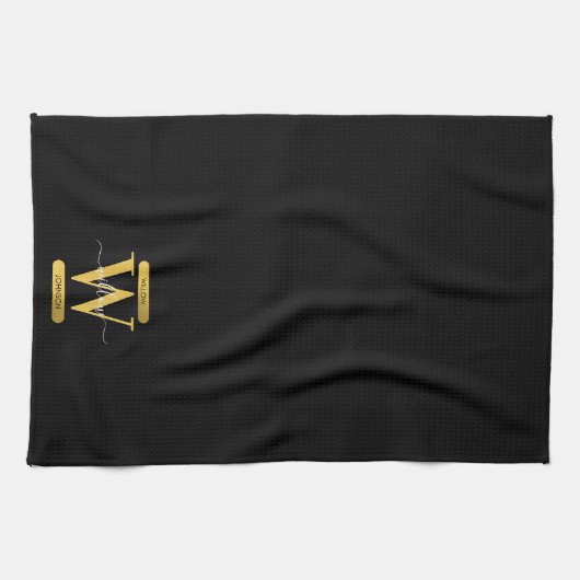 Elegant zwart & Gold Monogram modern script Theedoek (Horizontaal)