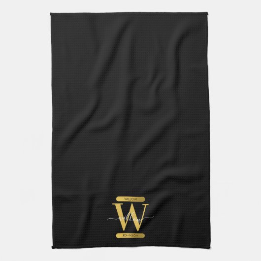Elegant zwart & Gold Monogram modern script Theedoek (Verticaal)