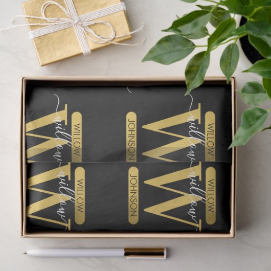 Elegant zwart & Gold Monogram modern script Tissuepapier (Geschenk)