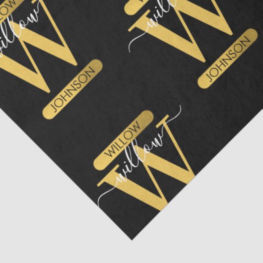 Elegant zwart & Gold Monogram modern script Tissuepapier (Detail)