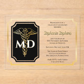 Elegant zwart | Gold Physician MD Afstudeerfeest Acryl Uitnodigingen (Voorkant)