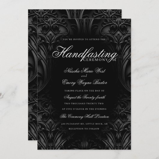 Elegant Zwart Gothic Damask Moody Handfasting Kaart (Voorkant / Achterkant)